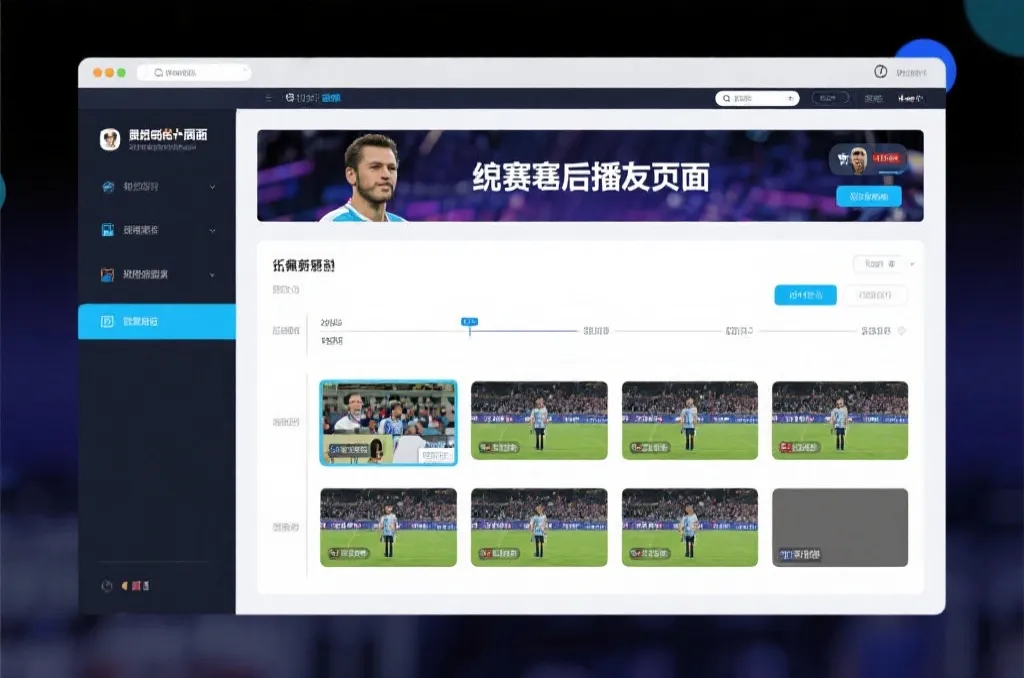 比赛结束后，电视屏幕展示集锦回放页面，旁边有时间轴和多角度切换提示